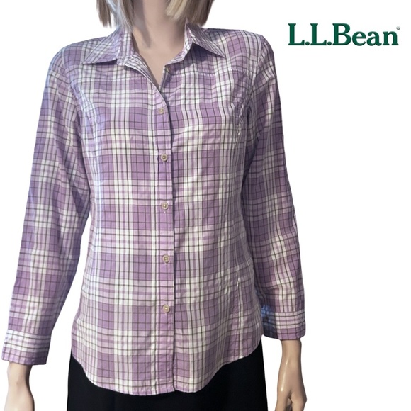 LL Bean Utility Shirt Top Blouse Nylon Fishing Hunting Hiking Lavender Plaid - Picture 1 of 15
